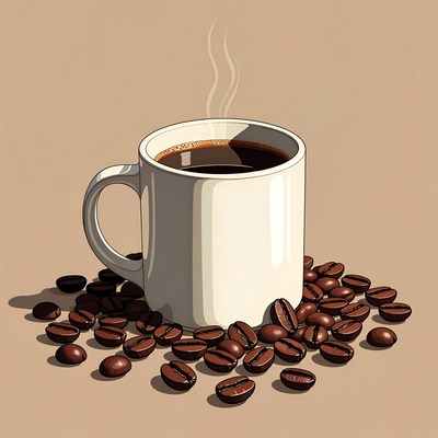 Warm coffee cup with beans scattered