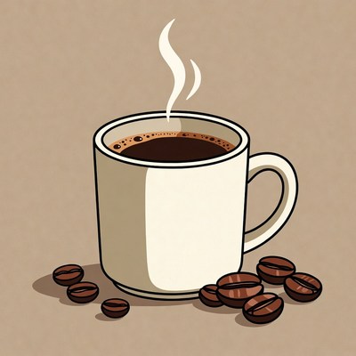 Hot coffee and coffee beans in a cup