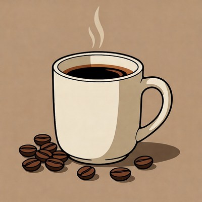 Coffee cup with beans on surface