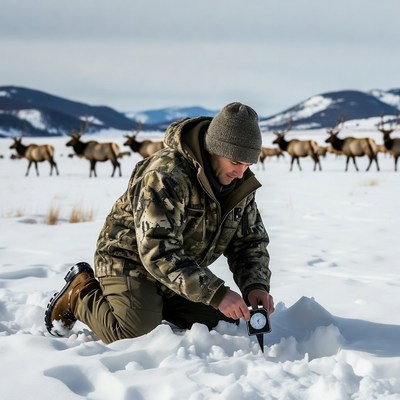 Snow depth measurement in winter landscape