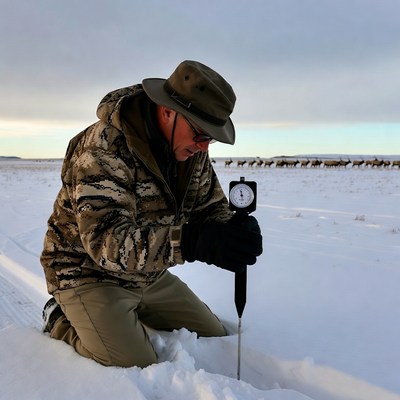 Man measures snow depth in winter field