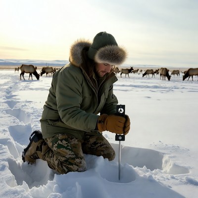 Man measures snow depth in winter landscape