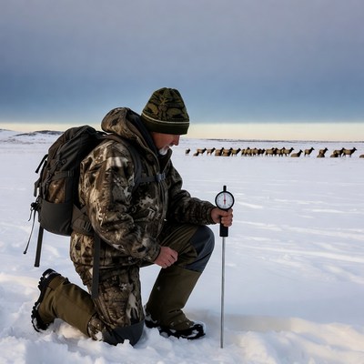 Hunter measuring snow depth in winter