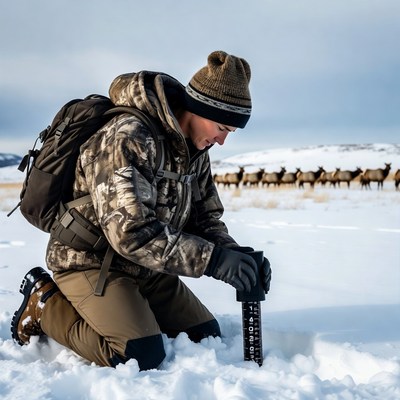 Man measuring snow depth in winter field