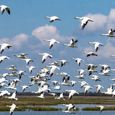 Snow geese flying over wetland