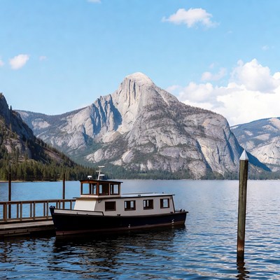 Boat at lake with mountain backdrop