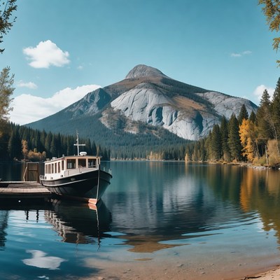 Boat at lake near mountain landscape