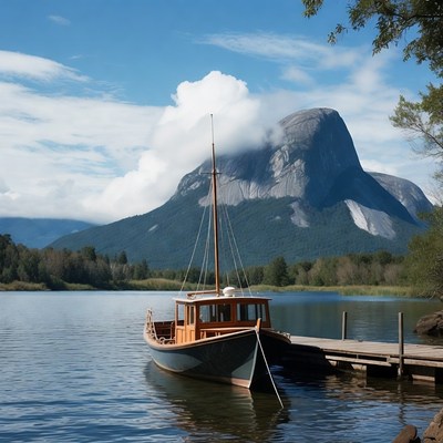 Boat at dock near mountain