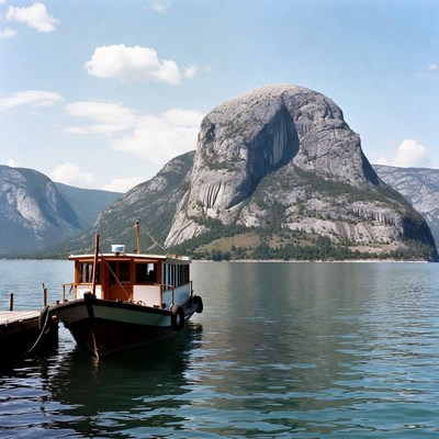 Boat docked near mountain landscape