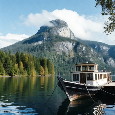 Boat on lake with mountain backdrop