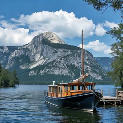 Boat on lake with mountain backdrop