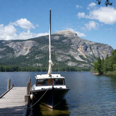 Sailboat docked by mountain lake