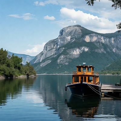 Boat on a lake near mountains
