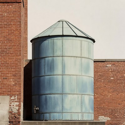 Old water tank next to brick building