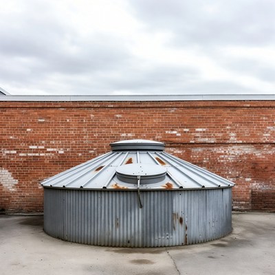 Metal structure near brick wall