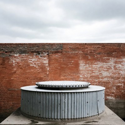 Round metal structure on brick wall