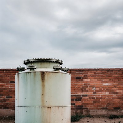 Metal structure near brick wall