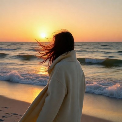Woman at sunset by the sea