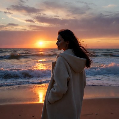 Woman watching sunset by ocean