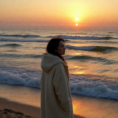 Woman by the sunset ocean