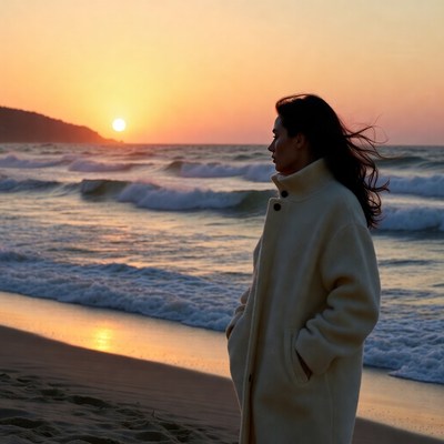 Woman watches sunset by the ocean
