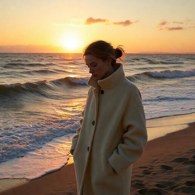 Woman walking on beach at sunset
