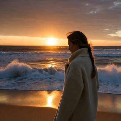 Woman walks along the beach at sunset