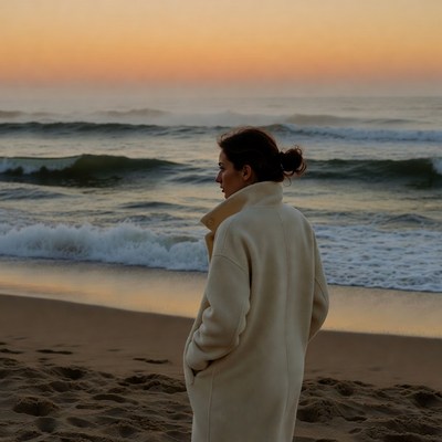 Woman on beach at sunset in calm sea