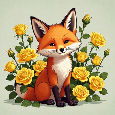 Fox sitting among yellow roses