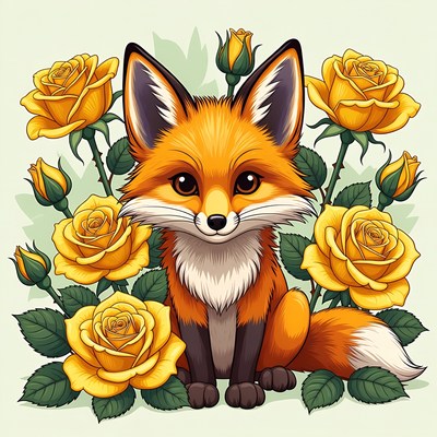 Fox sitting among yellow roses