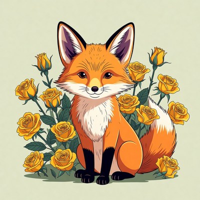 Fox sitting among yellow roses