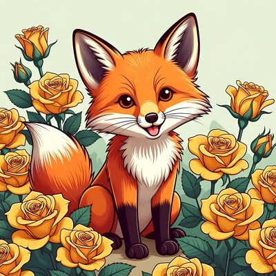 Fox sitting among yellow roses