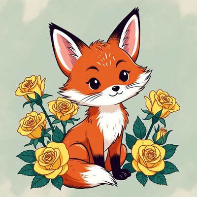 Cute fox with yellow roses