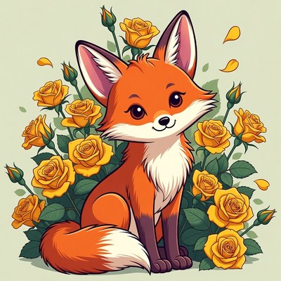 Cute fox with yellow roses in background