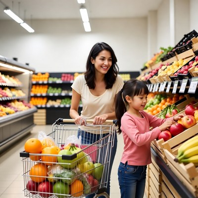 Mother and daughter shopping for fruits