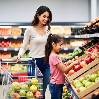 Mother and daughter shopping for fruits