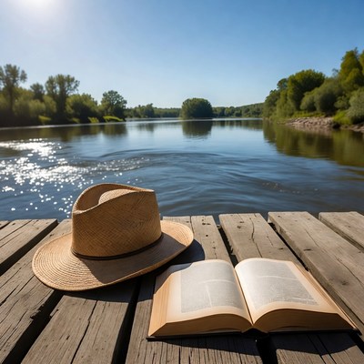 Reading by the riverside on a sunny day