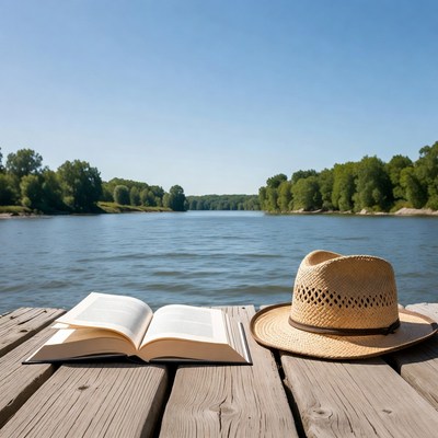 Reading by the river on a sunny day