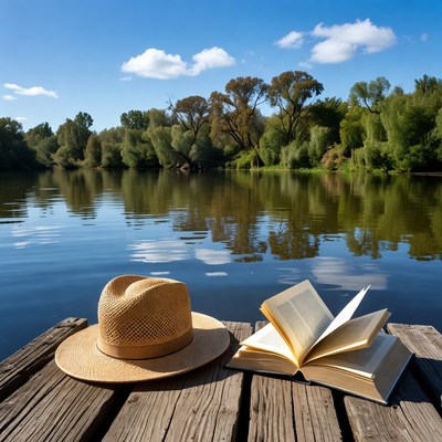 Relaxing by the quiet lake with a book