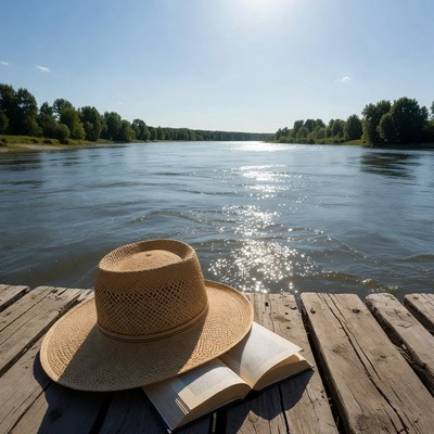Book and hat by the river