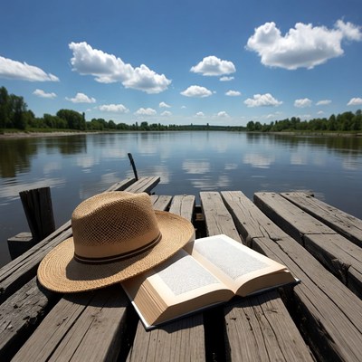 Reading by the lake on a sunny day