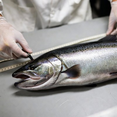 Measuring fish in seafood market