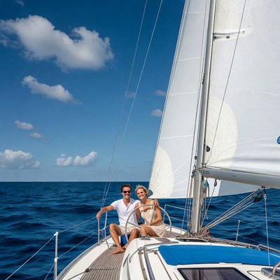 Couple sailing on a boat in clear water