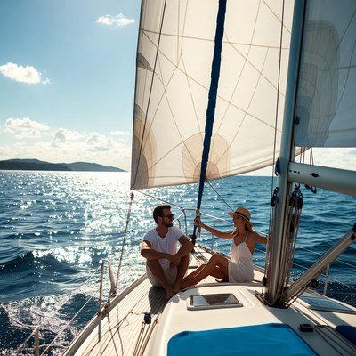 Couple sailing on a boat in the sea