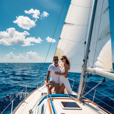Couple sailing on clear ocean