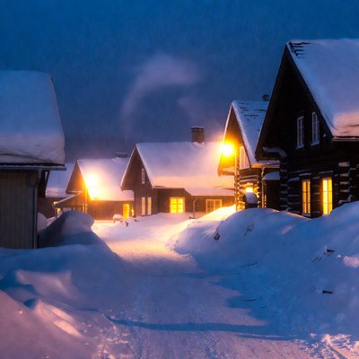 Snowy village at night with lights