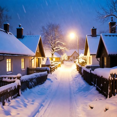 Winter night in a snow-covered village