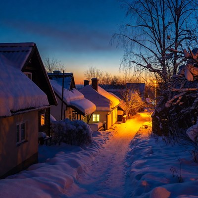 Winter evening in a quiet village