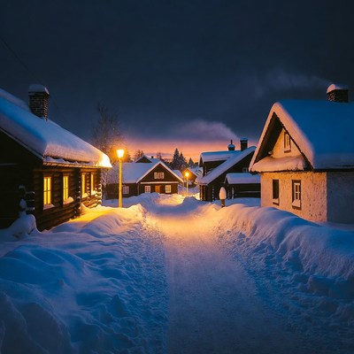 Snowy village at evening twilight