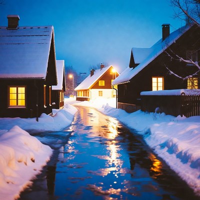 Snowy street at night with houses